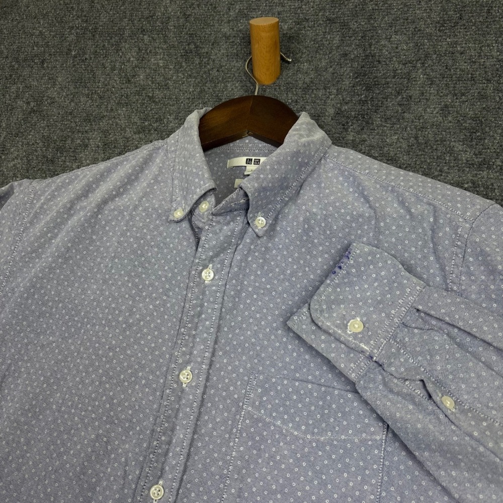 Uniqlo Button Down Shirt Mens L Blue Slim Fit Dot Print Oxford Long Sleeve 0637